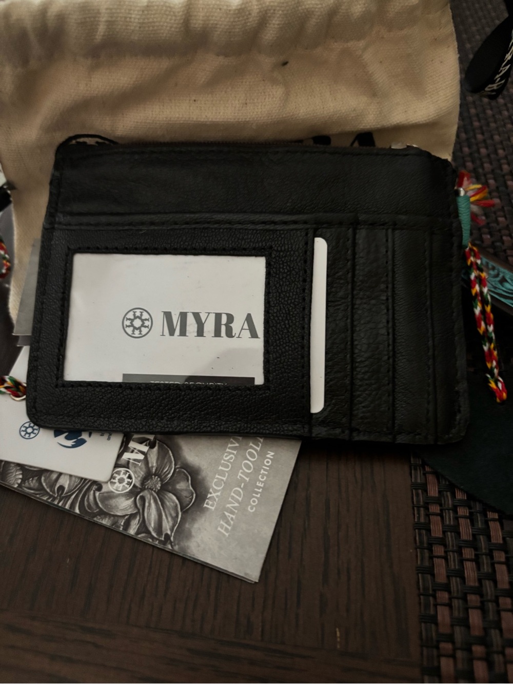 Myra Bag Teal and Black Hand-Tooled Leather Card Holder with Key Fob - Picture 2 of 5